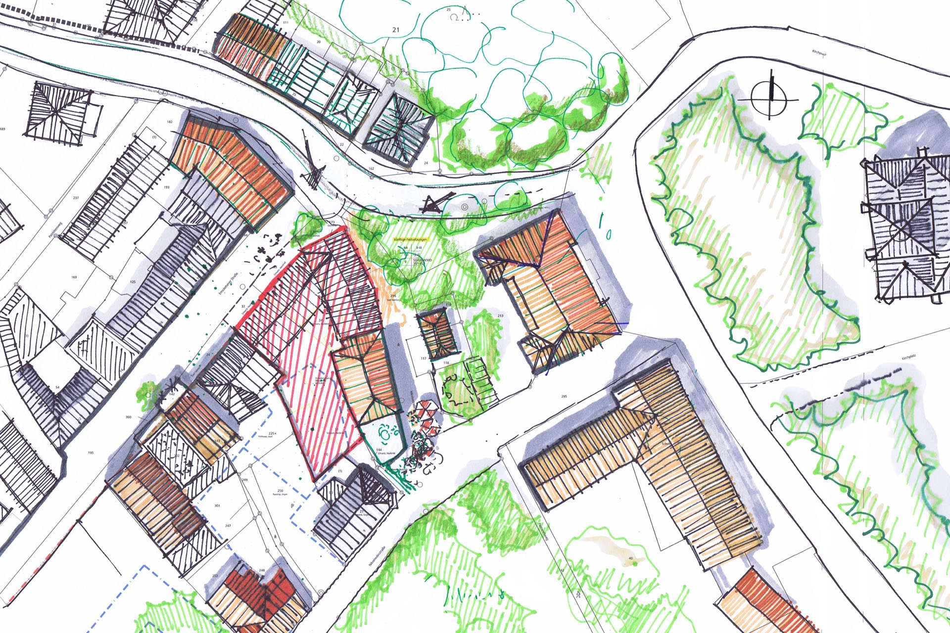 Analyse der stadträumlichen Einbindung: Trotz der Innnenstadtlage ist das Objekt von viel Grün umgeben