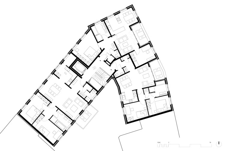 Grundriss 1. Obergeschoss: wegen der schmalen Bautiefe sind durchgesteckte Wohnbereiche möglich