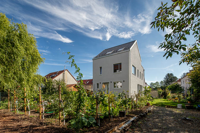 Neubau Doppelhaushälfte  mit Satteldach in Leipzig, Nutzgarten im Vordergrund